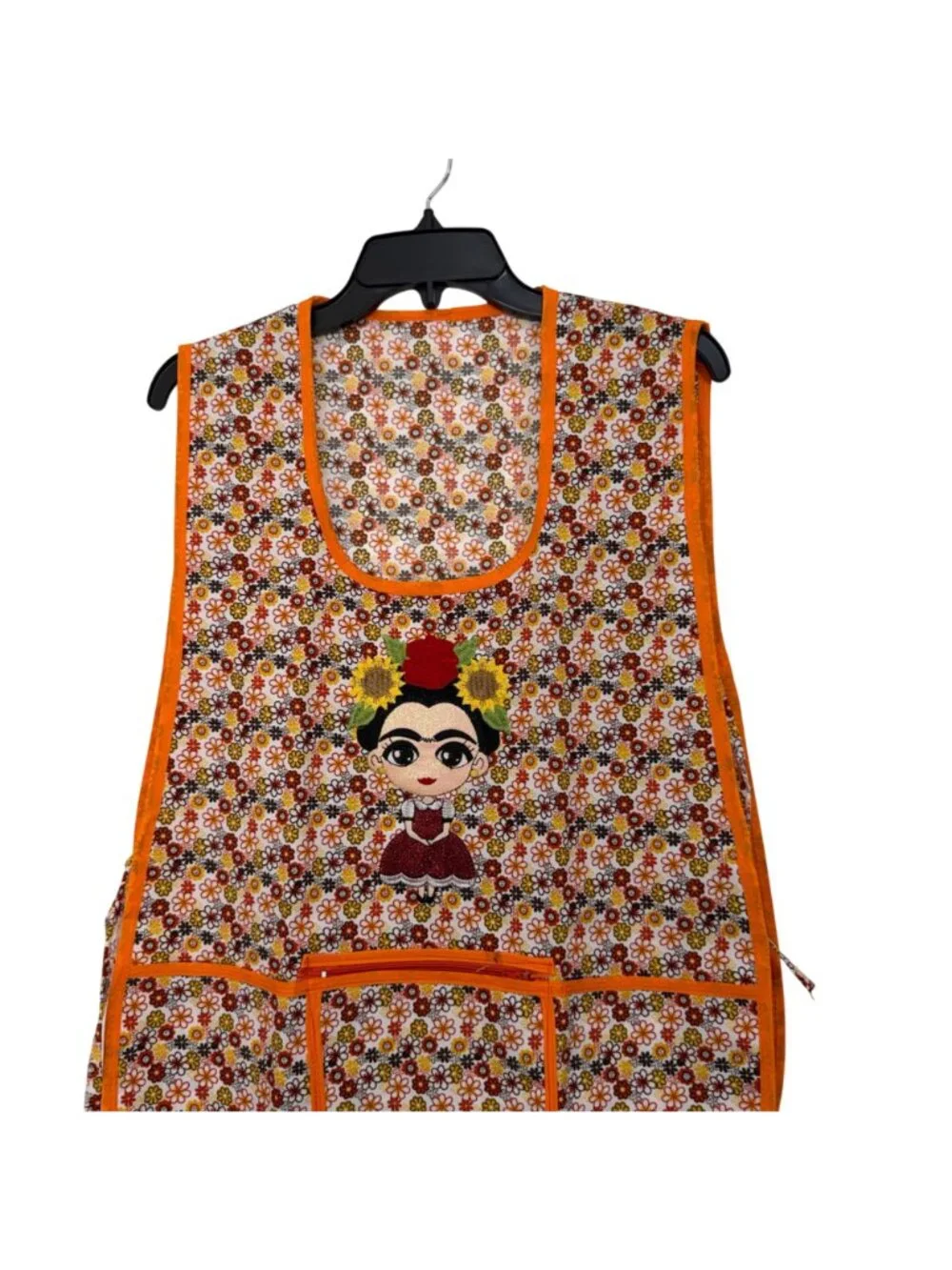 Women Apron Frida-Inspired Floral Front Pockets Orange Trim One Size